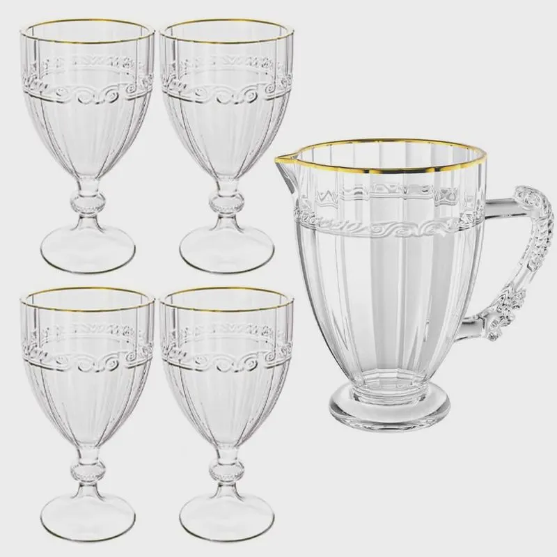 Jogo De Taças e Jarra em Cristal Transparente Fio de Ouro Imperial 5 peças - Lyor