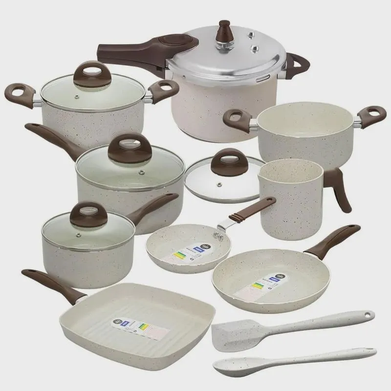 Jogo de Panelas com Panela de Presão 6,8L Antiaderente Ceramic Life Smart Plus Vanilla 11 Peças - Brinox