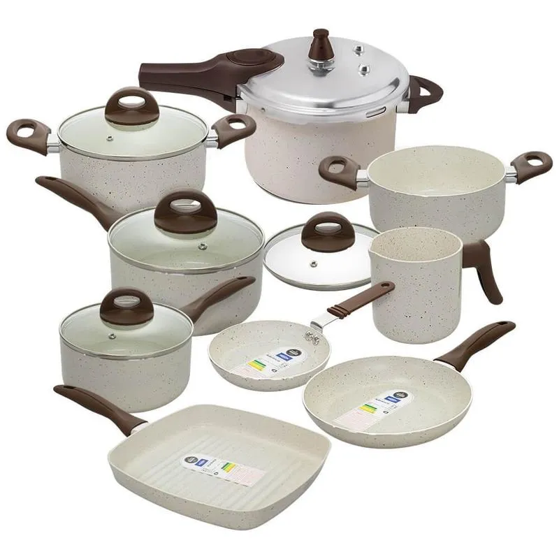 Jogo de Panelas com Panela de Pressão 6,8L Antiaderente Ceramic Life Smart Plus Vanilla 9 Peças - Brinox