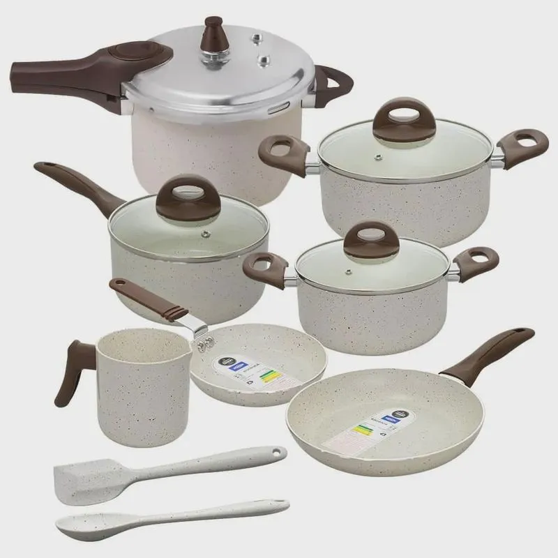 Jogo de Panelas com Panela de Pressão 6,8L Antiaderente Ceramic Life Smart Plus Vanilla 9 Peças - Brinox