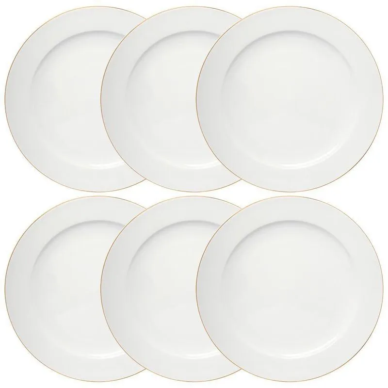 Kit de Pratos Rasos de Porcelana Branco Royal Fio de Ouro 27cm 6 peças - Hauskraft
