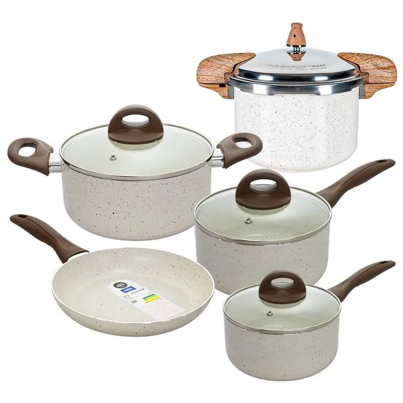 Conjunto de Panelas Com Panela de Pressão Ceramic Life Smart Plus Vanilla 5 Peças - Brinox