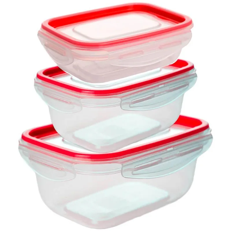 Conjunto De Potes Herméticos De Plástico Com Travas Retangular 3 Peças - Tritec Vermelho