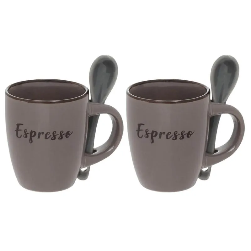 Jogo De Caneca Xícara Com Colher De Cerâmica Rustic Marrom 2 Peças 100ml - Hauskraft