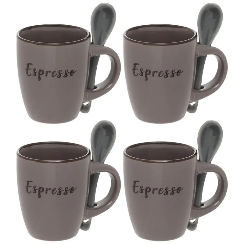 Jogo Caneca Xícara Com Colher De Cerâmica Rustic Marrom 4 Peças 100ml - Hauskraft Canc199/4