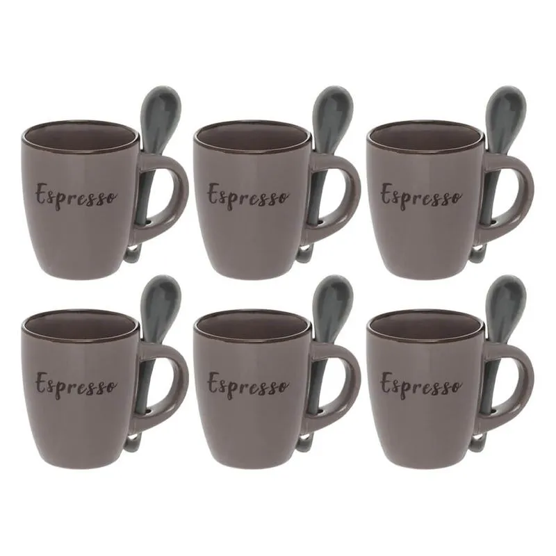Jogo Caneca Xícara Com Colher De Cerâmaica Rustic Marrom 6 Peças 100ml - Hauskraft