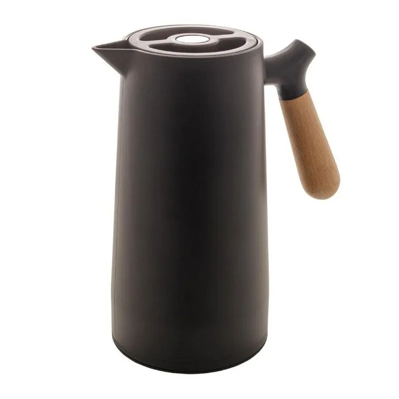 Garrafa Térmica Cabo De Madeira Mantém Bebidas Quentes Ampola De Vidro E Plástico Preto Gift Útil 1l