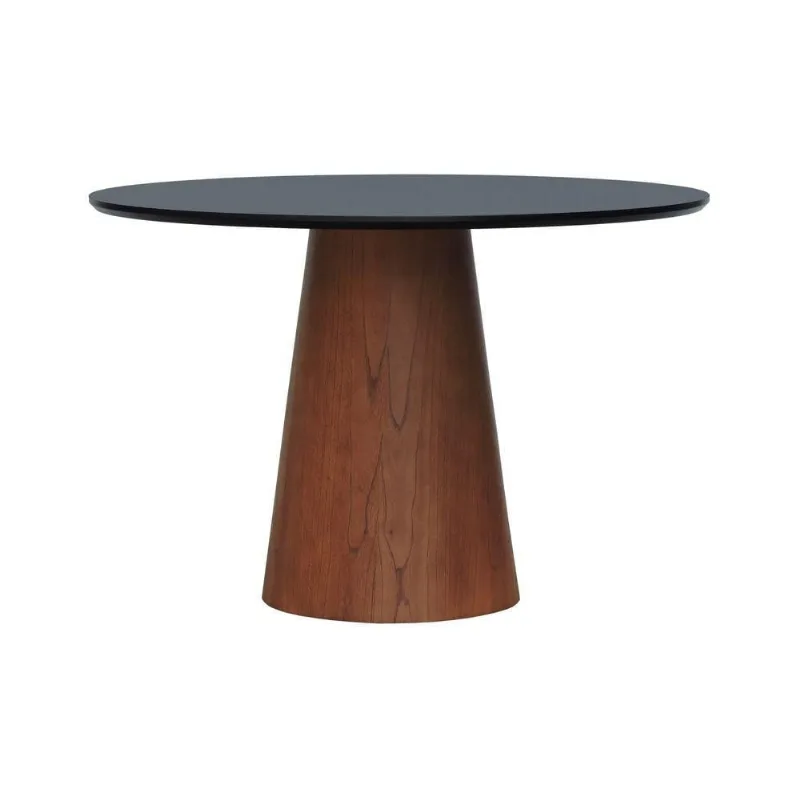 Mesa De Jantar Base Cone Laminado Cinamomo Amêndoa Tampo ø150 Laqueado Preto
