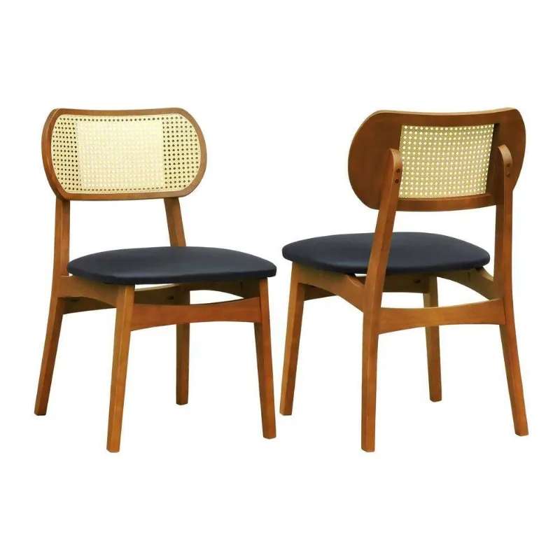 Kit 2 Cadeiras Organik Estrutura Madeira Maciça Revestimento Rattan e Tecido Amêndoa e Preto