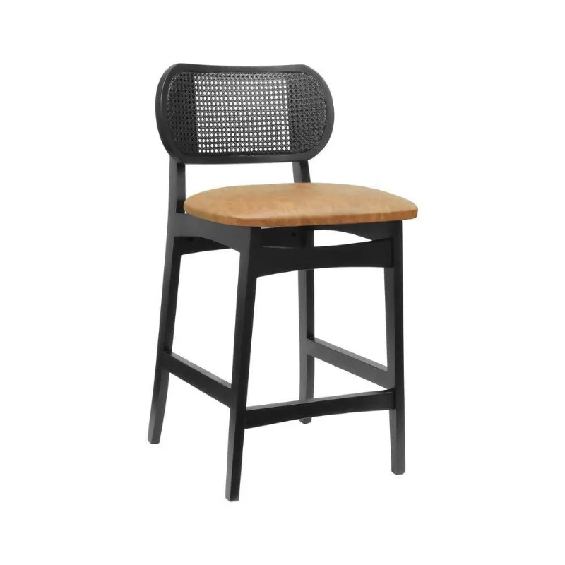 Banqueta Organik Assento Estofado Corano Base Madeira Maciça Encosto com Telinha Rattan Preto
