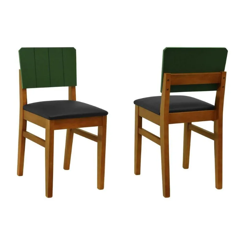 Kit 2 Cadeiras Linhas Madeira Maciça MDF Laqueado Assento Estofado Corano Preto Amêndoa Decorise