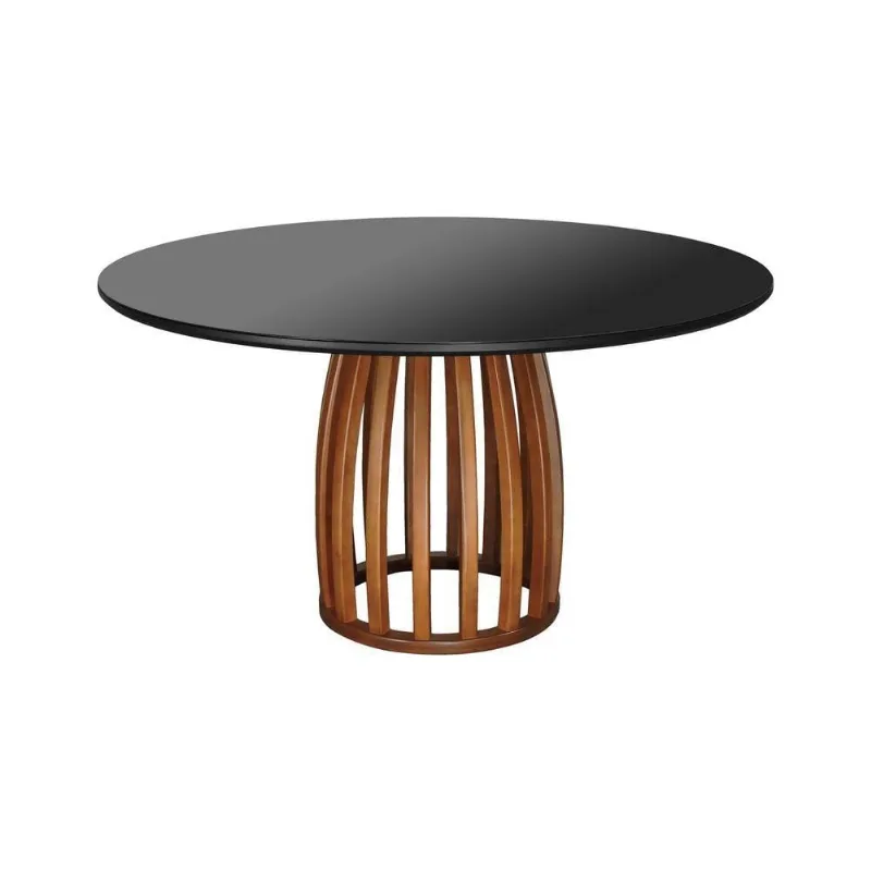 Mesa de Jantar Armonia 6 Lugares Redonda Vidro 120CM Amêndoa e Preto Base Pedestal