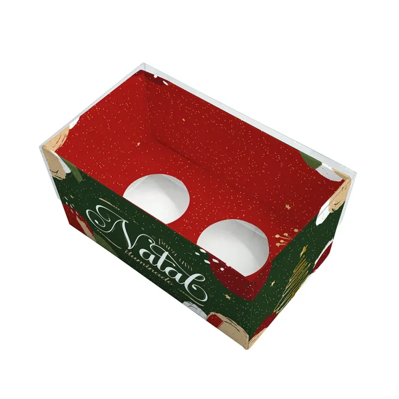 Caixa para 2 Doces c/ Berço e Tampa de Acetato - Cores de Natal c/ 10 Un