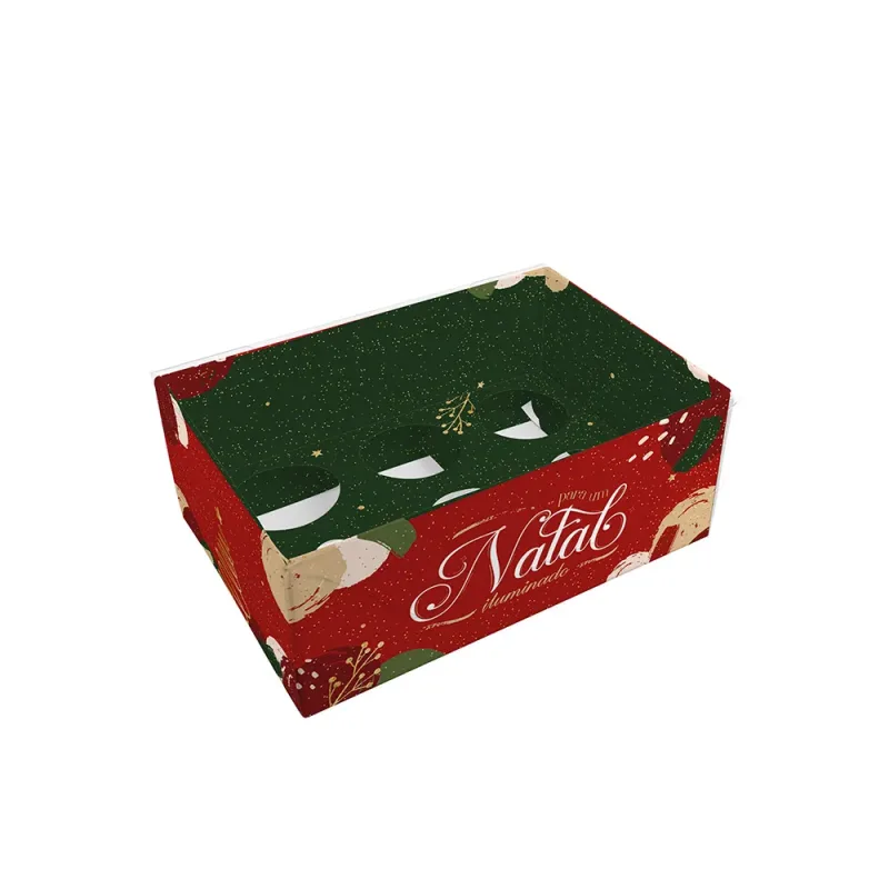 Caixa para 6 Doces c/ Berço e Tampa de Acetato - Cores de Natal c/ 10 Un