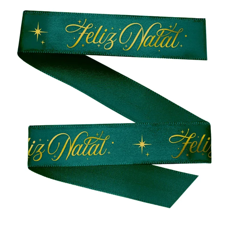 Fita Cetim Premium Verde Petróleo - Feliz Natal - 22 mm - c/ 50m