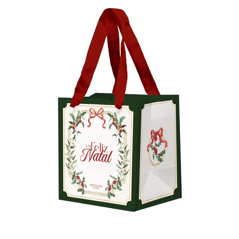 Sacola de Papel P - Laços de Natal c/ 10 Un