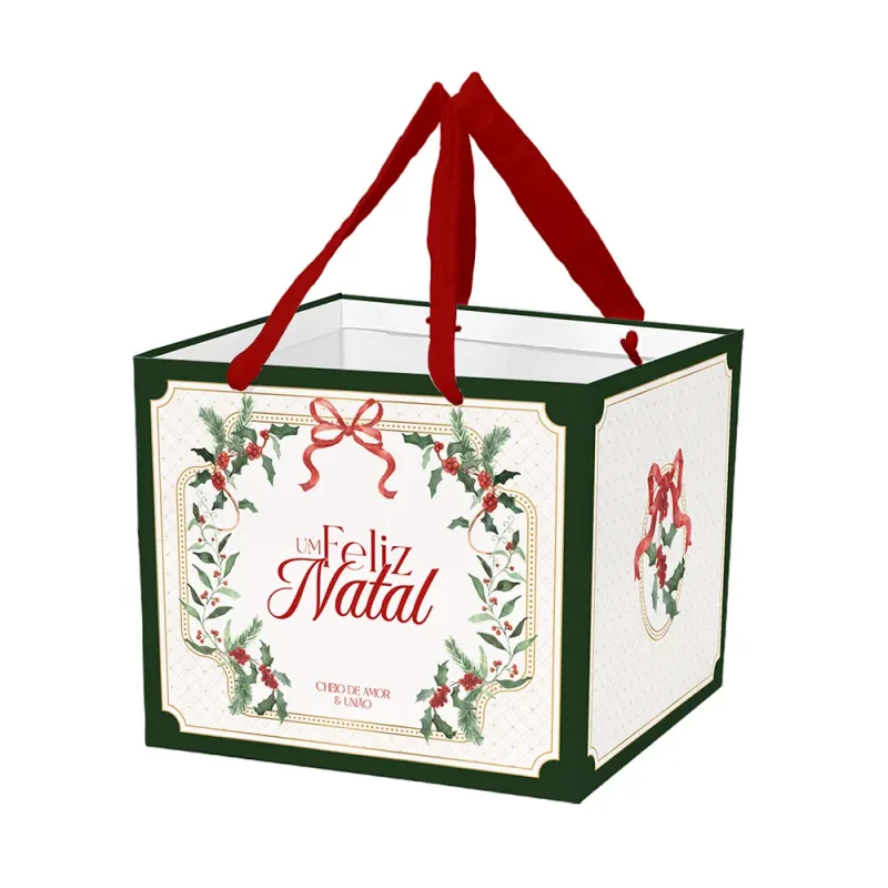 Sacola de Papel Pudim - Laços de Natal c/ 10 Un