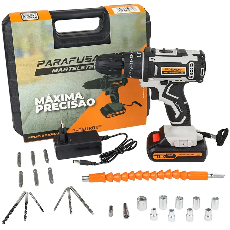 Parafusadeira Furadeira 18V a Bateria com Martelete Profissional Pró Euro