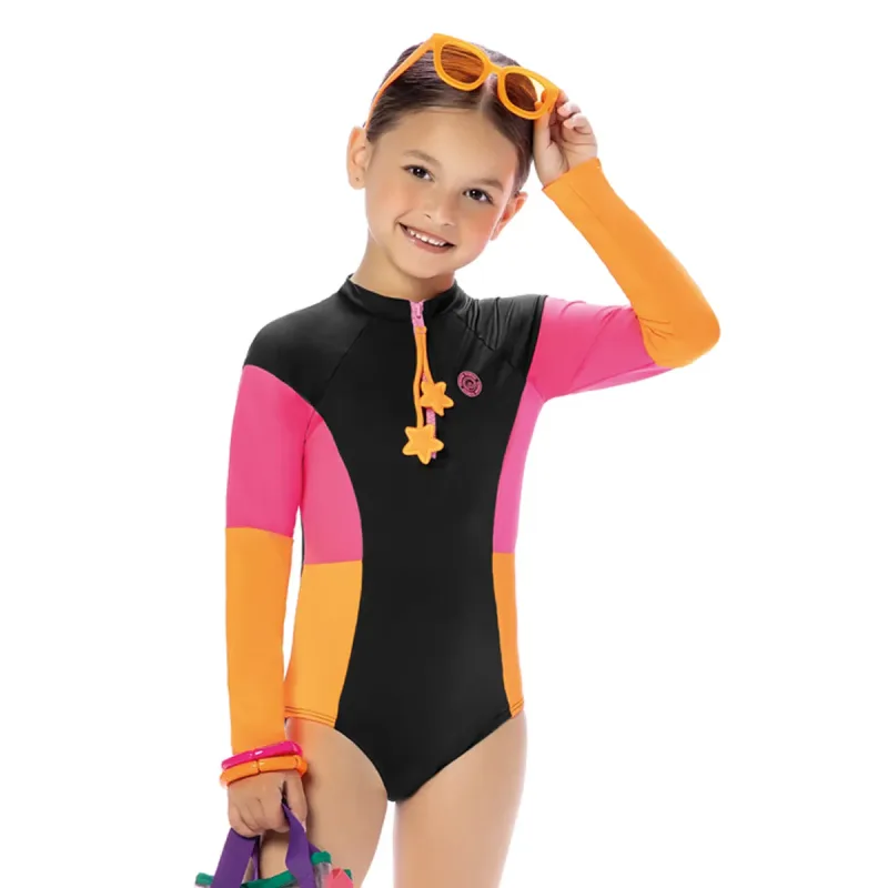 Maiô Body Infantil Manga Longa com Zíper Preto, Pink e Laranja Kamylus