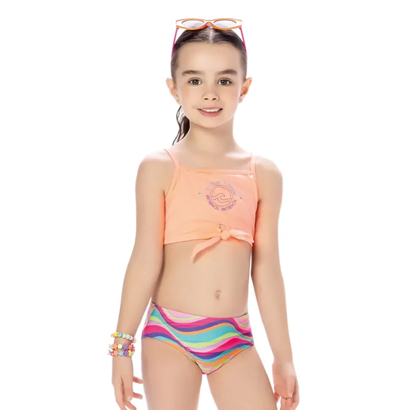 Biquíni Infantil Top Coral com Amarra e Calcinha Ondas Coloridas Kamylus