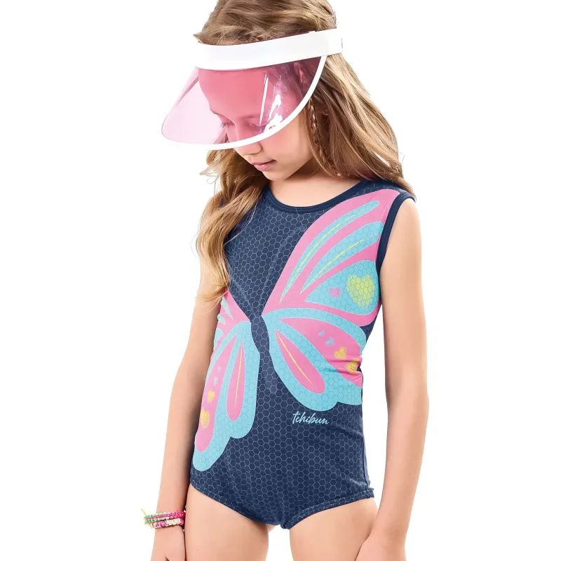 Maiô Infantil Regata Azul Marinho Borboleta Pink Sublimada Kamylus
