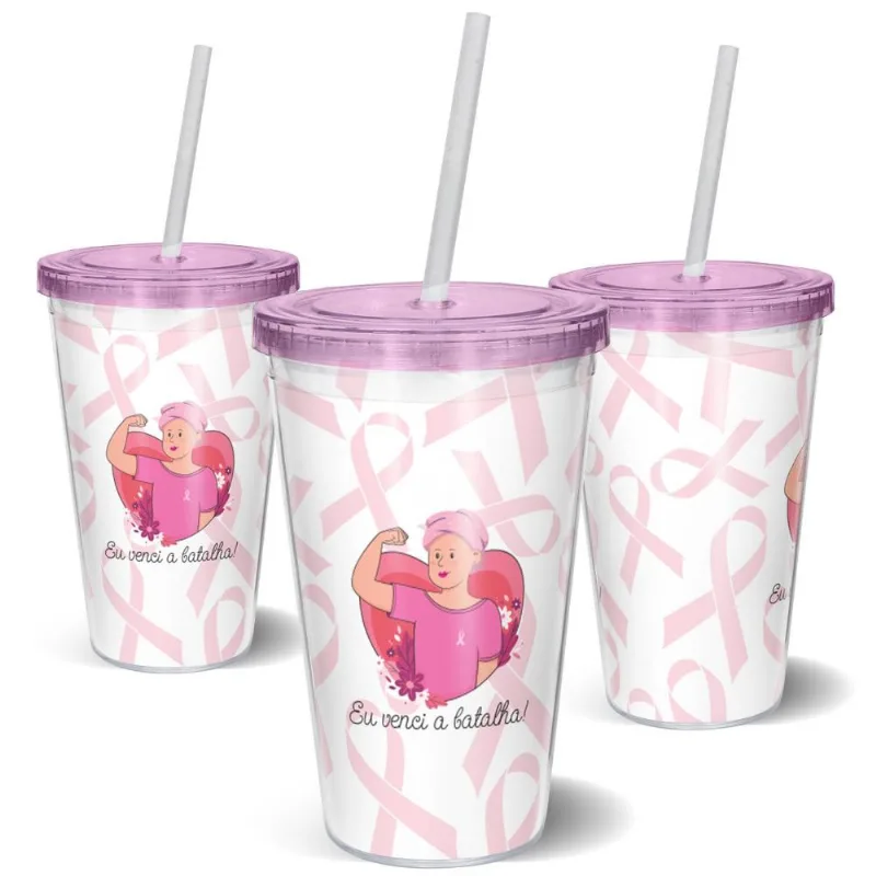 Copo Canudo 600ml - Outubro Rosa - Eu Venci