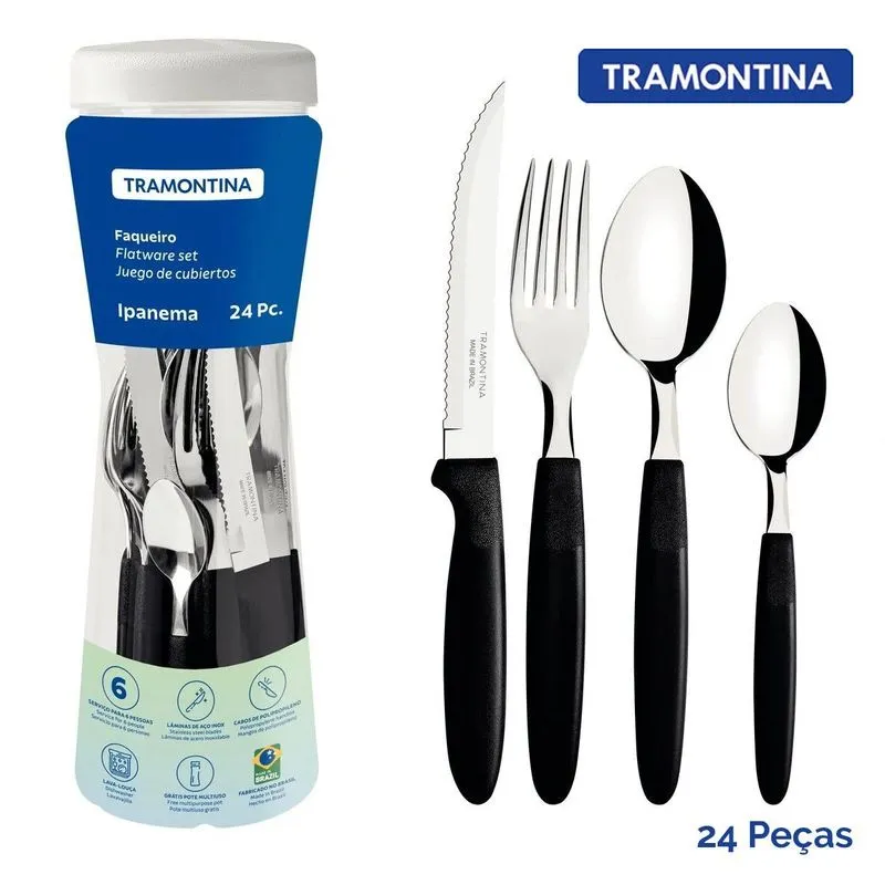 Kit Pote Talher Aço Inox Ipanema 24 Peças Preto Tramontina