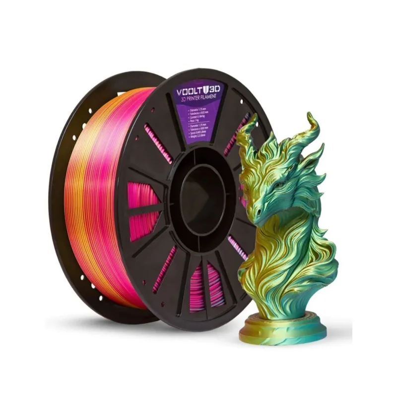 Filamento PLA Tri Color Dourado / Rosa Choque / Verde V-Silk - 1kg