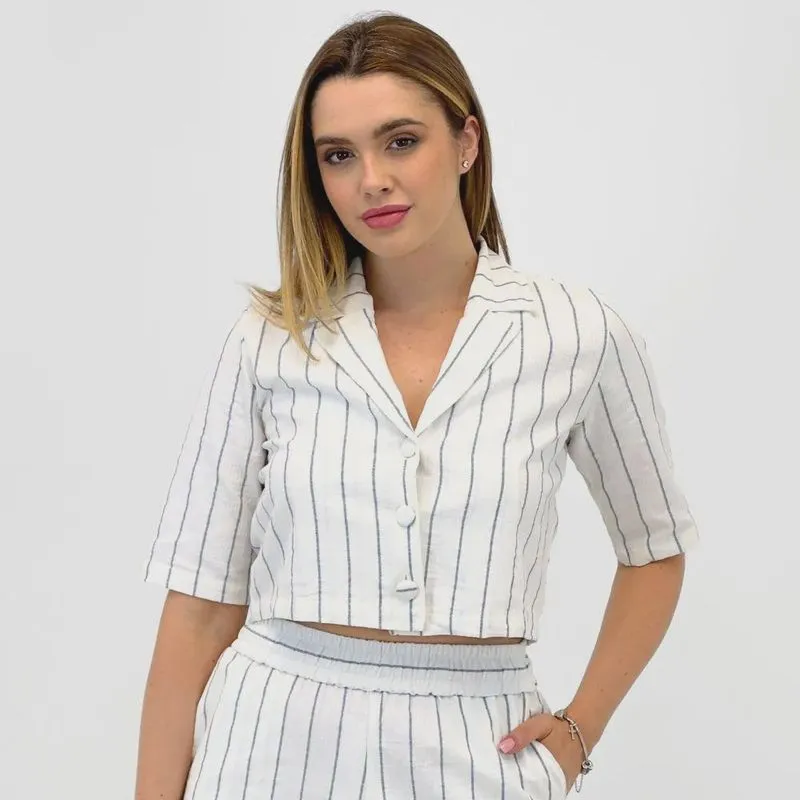 Camisa Formitz Cropped Listrada Manga Curta Feminina