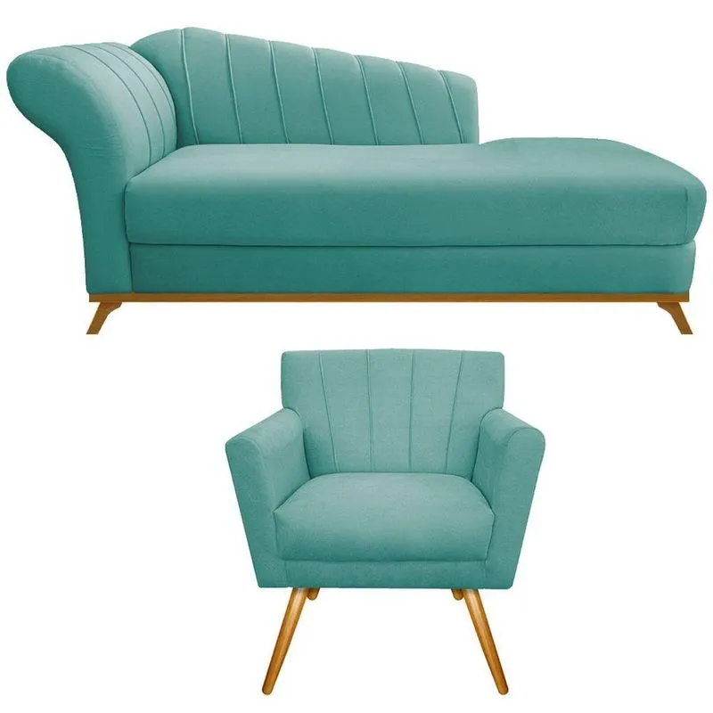 Kit Diva Recamier Vanessa 140cm Lado Direito E 01 Poltrona Laura Suede Cor Azul Tiffany