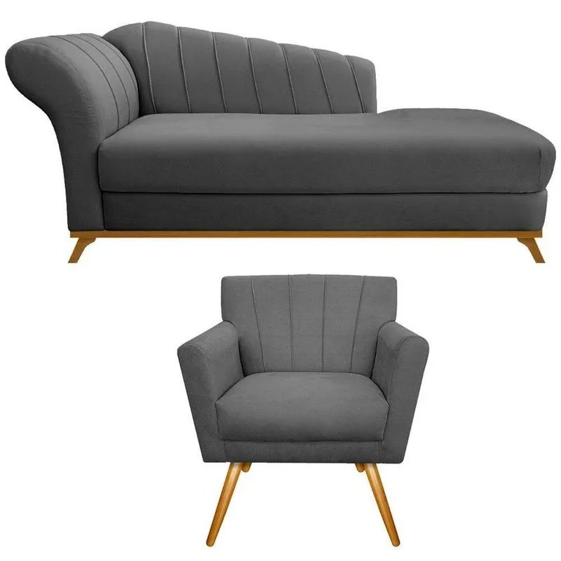 Kit Diva Recamier Vanessa 140cm Lado Direito E 01 Poltrona Laura Suede Cor Cinza