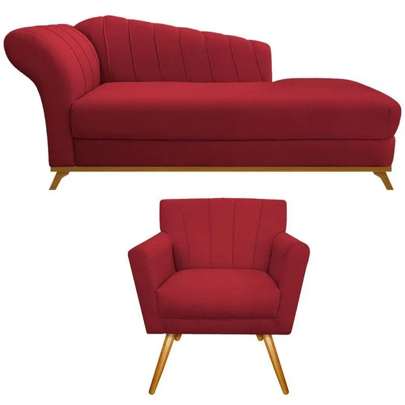 Kit Diva Recamier Vanessa 140cm Lado Direito E 01 Poltrona Laura Suede Cor Vermelho