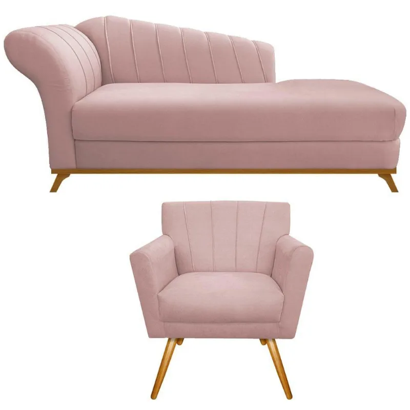 Kit Diva Recamier Vanessa 160cm Lado Direito E 01 Poltrona Laura Suede Cor Rosê