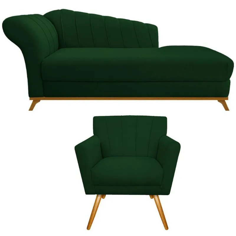 Kit Diva Recamier Vanessa 160cm Lado Direito E 01 Poltrona Laura Suede Cor Verde