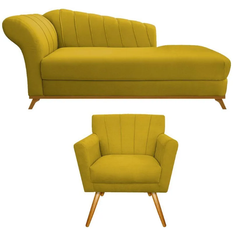 Kit Diva Recamier Vanessa 185cm Lado Direito E 01 Poltrona Laura Suede Cor Amarelo