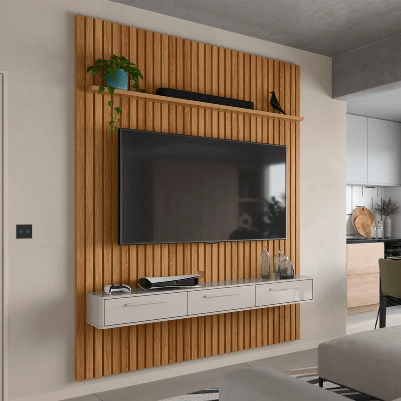 Painel Ripado para TV ate 75" Lukaliam Bali 1,9m Freijo Freijo