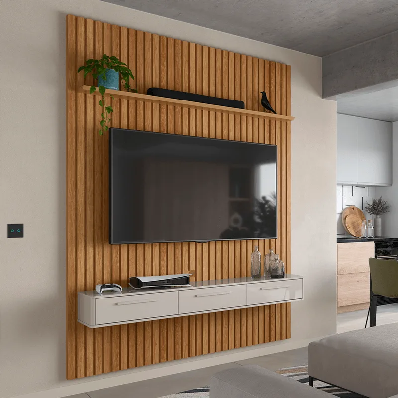 Painel Lukaliam Bali slim para TV ate 75" Jequitibá/off white perolizado Jequitibá