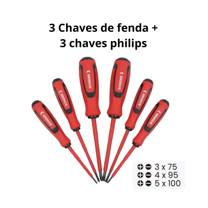 JOGO CHAVE KIT 6 PCS FENDA PHILIPS BOM-3110 ISOLADAS