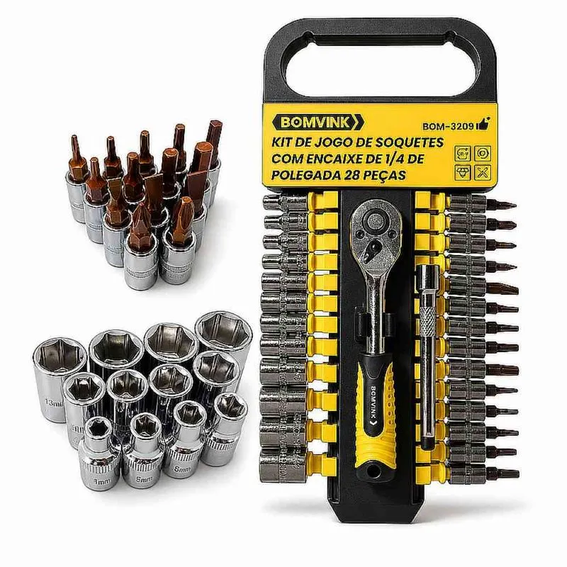 Jogo de Soquetes 1/4" com Encaixe Cr-V 28 Peças Bomvink Jogo de Soquetes 1/4¨ Com Encaixe Cromo vanádio 28 Peças Bomvink