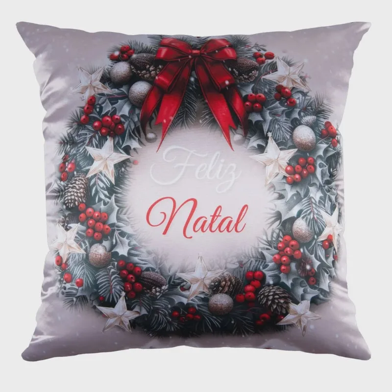 Capa Almofada Cetim Guirlanda de Natal 43x43cm Verde/Vermelho