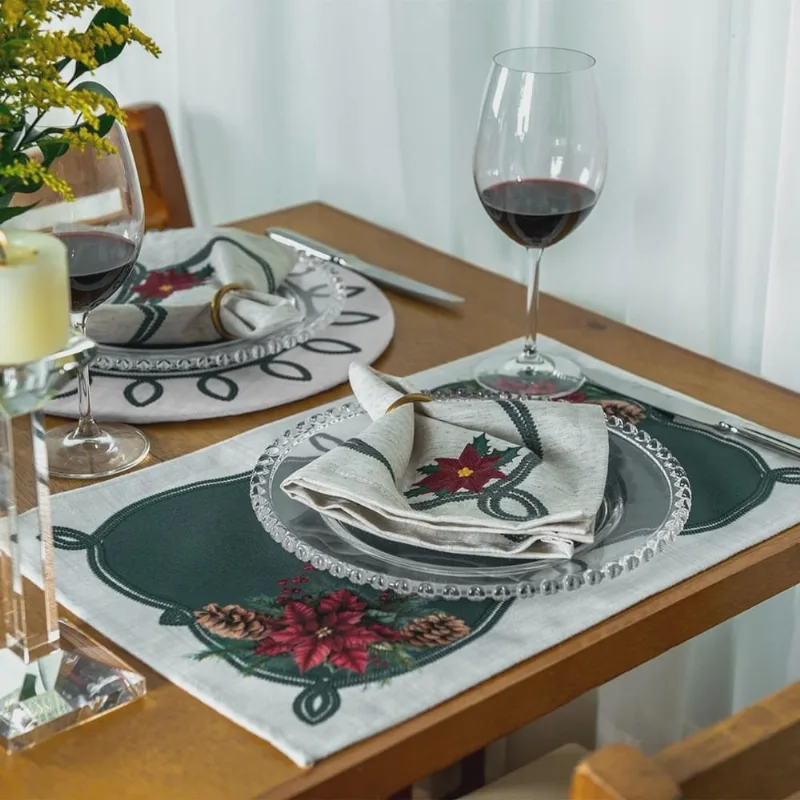 Kit 2 Jogo Americano Flor de Natal e Pinhas com Hidrorrepelência 48x31cm