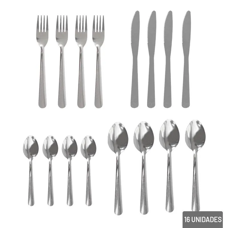 Kit Talher Inox 16 Peças De Mesa Prata - Tudo Em Caixa