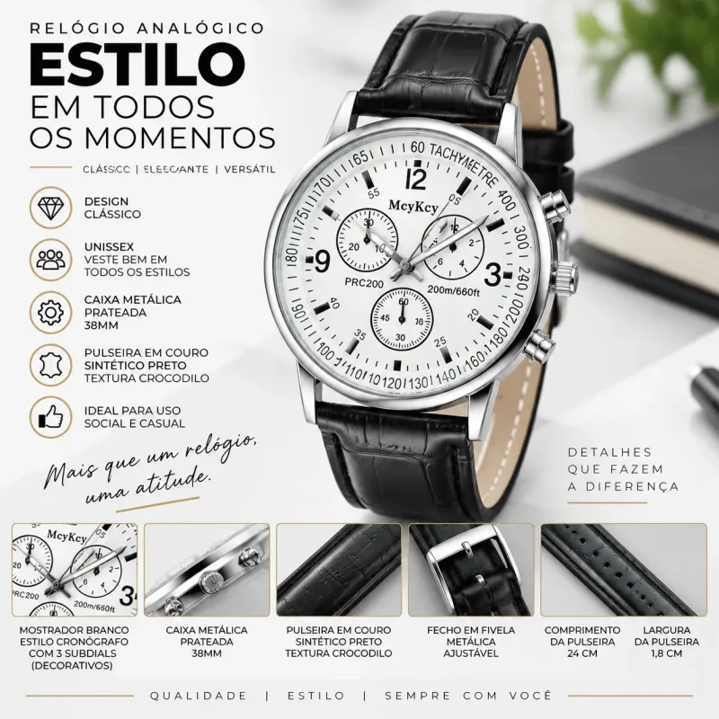 Relógio Unissex Analógico Branco Pulseira Preta Couro Sintético + Caixa Presente