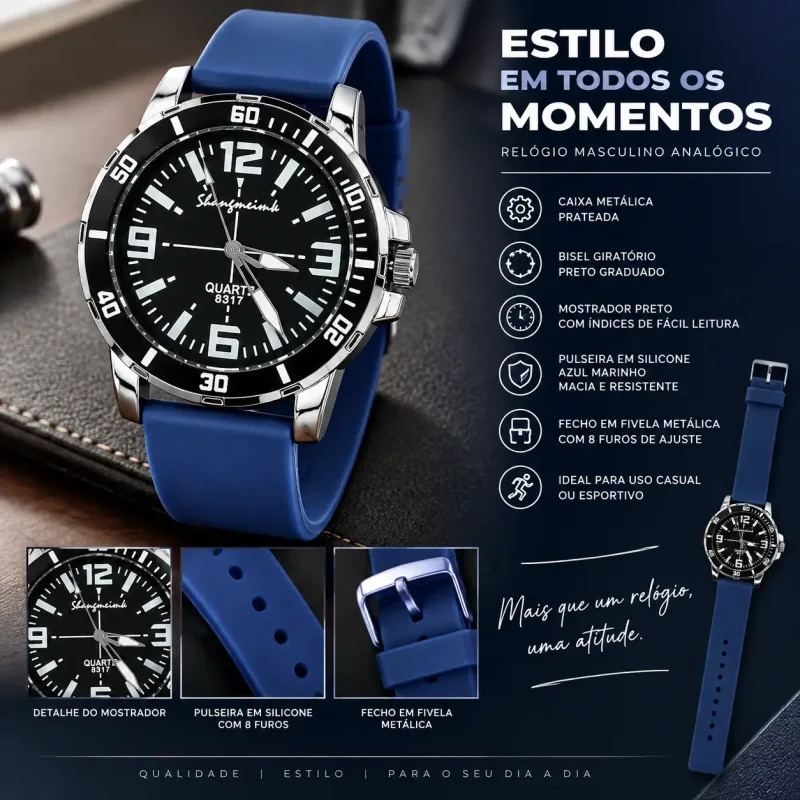 Relógio Masculino Analógico Esportivo Preto Pulseira Silicone Azul Marinho + Caixa Presente