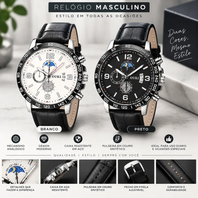 Relógio Masculino Analógico Couro Sintético + Caixa Presente