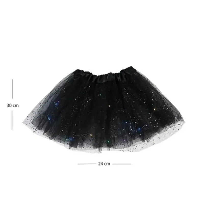 Saia Tutu Infantl Preta Fantasia Halloween 30cm Tule Glitter e LED