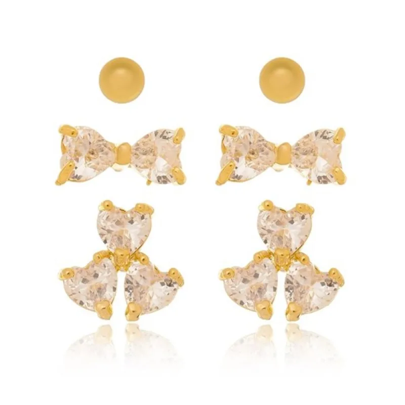 Kit Trio de Brinco Laço e Coração Cravejada Zircônia Banhado Cristal - Atraktiva Joias