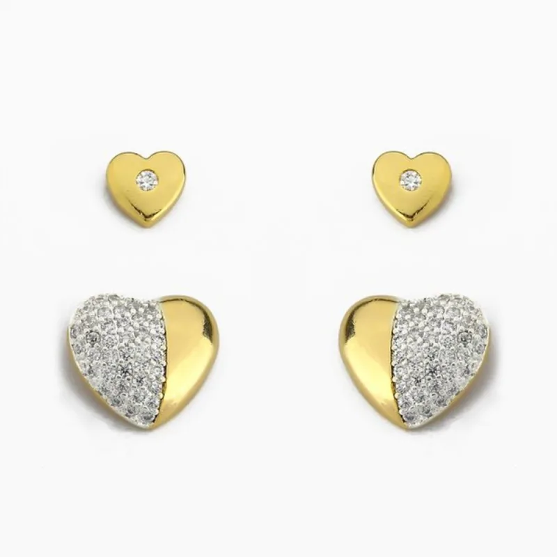 Kit Dupla Brinco Coração Cravejado Zircônia Banhado Ouro 18K Cristal