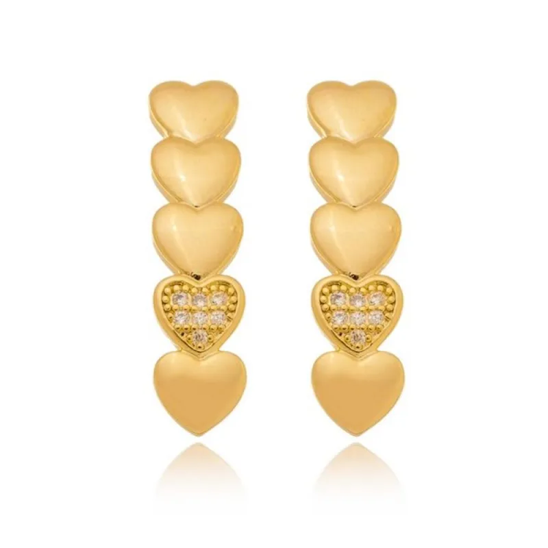 Brinco de Corações Banhado A Ouro 18K Cristal