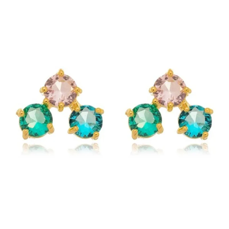 Brinco Com 3 Cristais Zircônias Banhado A Ouro 18K Colorida